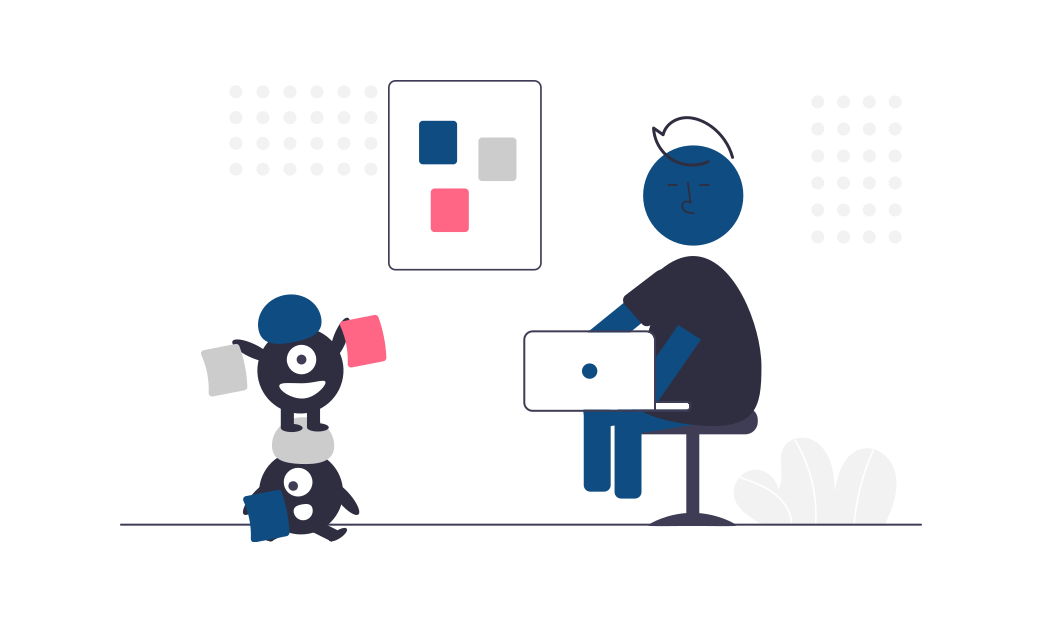 two cute little monsters holding up optoins for a person on a computer
